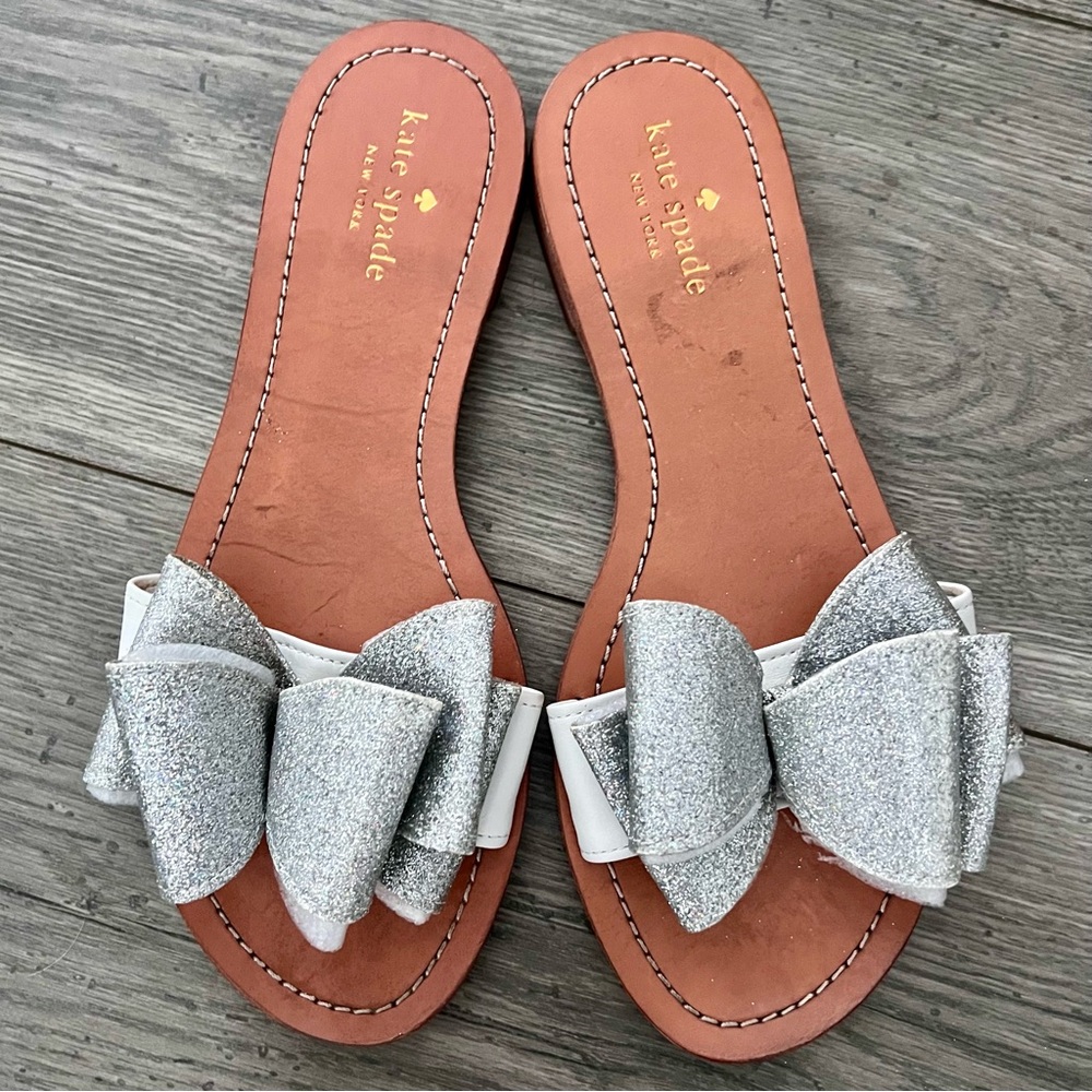 Kate Spade Cicely Silver White Sandals with Glitter Bow